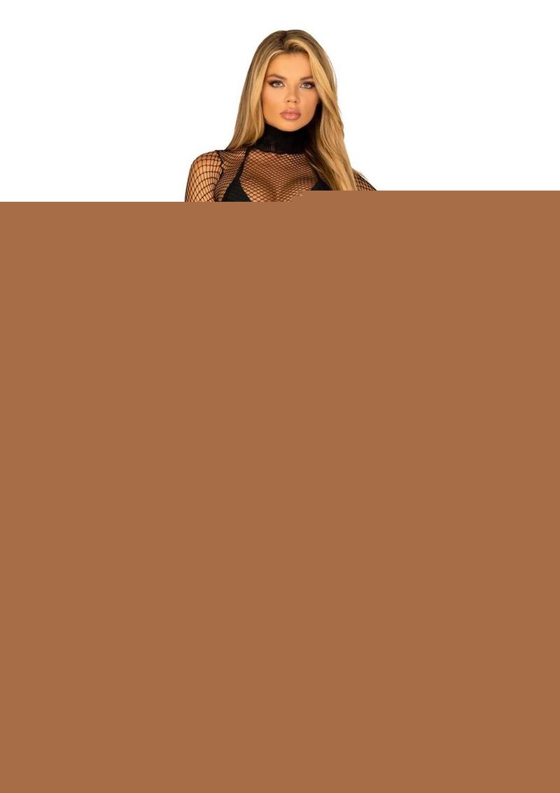 Leg Avenue Fishnet High Neck Long Sleeved Bodysuit with Snap Crotch