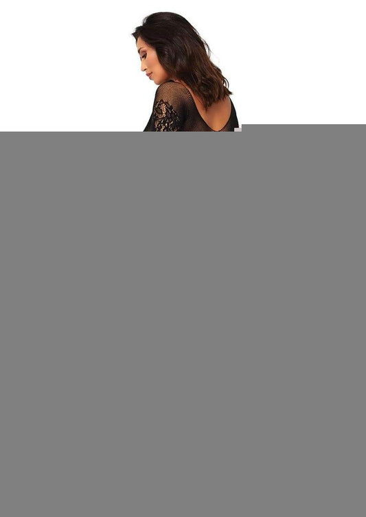 Leg Avenue Vine Lace and Net Long Sleeved Bodystocking - Black - Plus Size/Queen