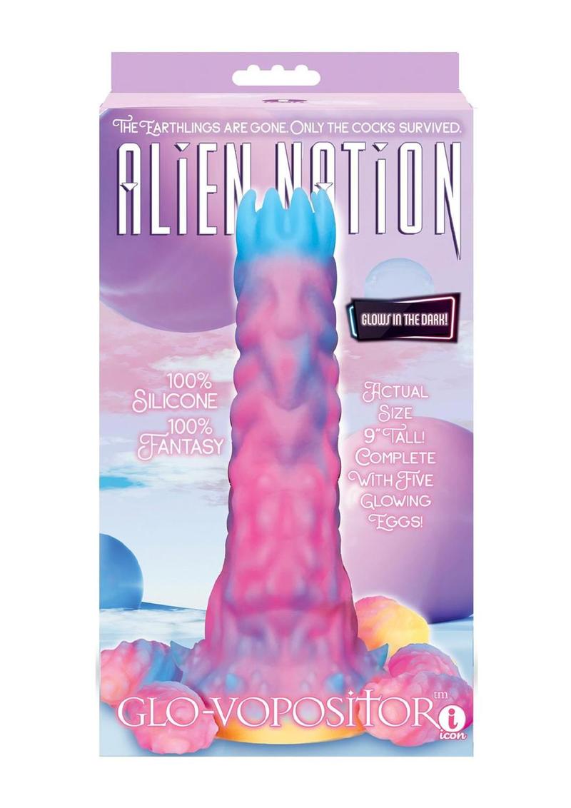 Alien Nation Glo-Vopositor Silicone Glow In The Dark Dildo with Eggs - Blue/Glow In The Dark/Pink