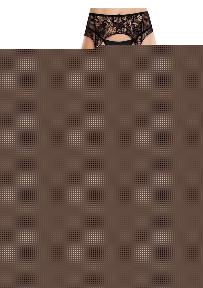 Leg Avenue Bloom Net Stockings with Cut-Out Thigh Detail and Attached Garter Belt - Black - One Size