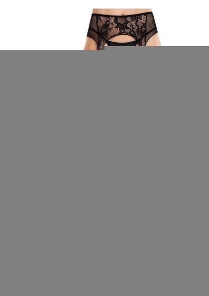 Leg Avenue Bloom Net Stockings with Cut-Out Thigh Detail and Attached Garter Belt - Black - One Size