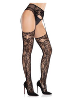 Leg Avenue Bloom Net Stockings with Cut-Out Thigh Detail and Attached Garter Belt - Black - One Size