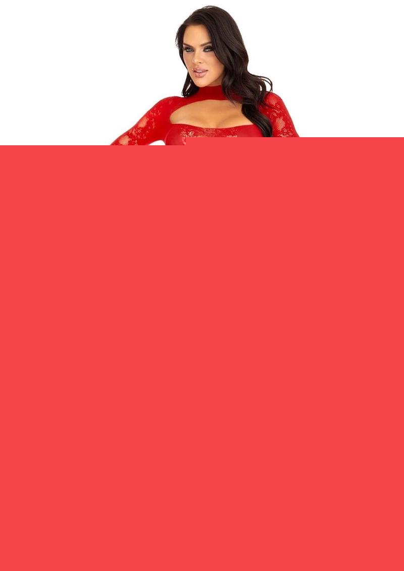 Leg Avenue Lace Keyhole Mini Dress with Opaque Panel Detailing and Gloved Sleeves