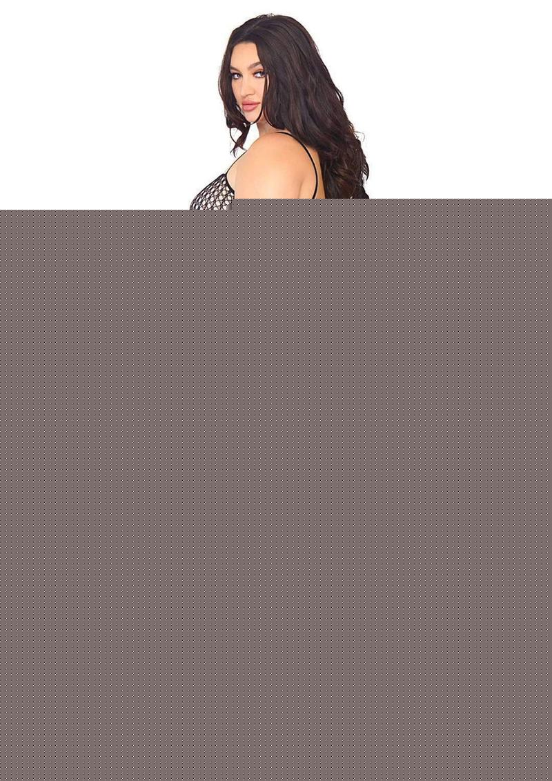 Leg Avenue Seamless Crochet Net Spaghetti Strap Bodystocking - Black - Plus Size/Queen