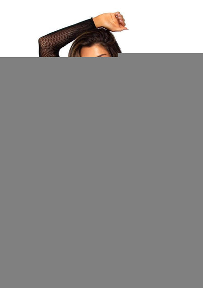 Leg Avenue Seamless Lace and Net Long Sleeved Mini Dress with Keyhole Twist Halter and Eyelet Trim - Black - One Size