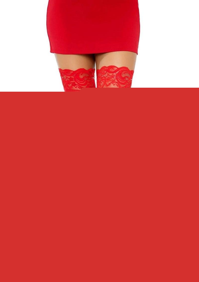 Leg Avenue Stay Up 3 In Lace Top Lycra Sheer Thigh High - Red - One Size