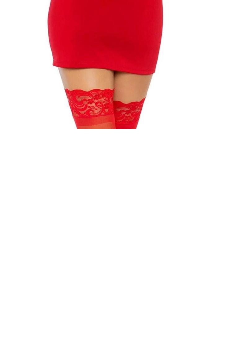 Leg Avenue Stay Up 3 In Lace Top Lycra Sheer Thigh High - Red - One Size