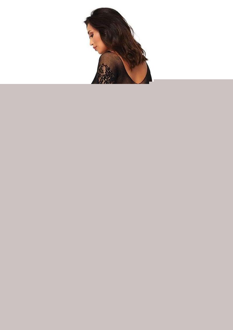 Leg Avenue Vine Lace and Net Long Sleeved Bodystocking - Black - Plus Size/Queen