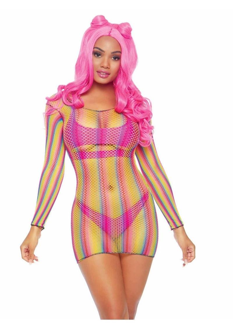 Rainbow Fishnet Long Sleeve Mini Dress