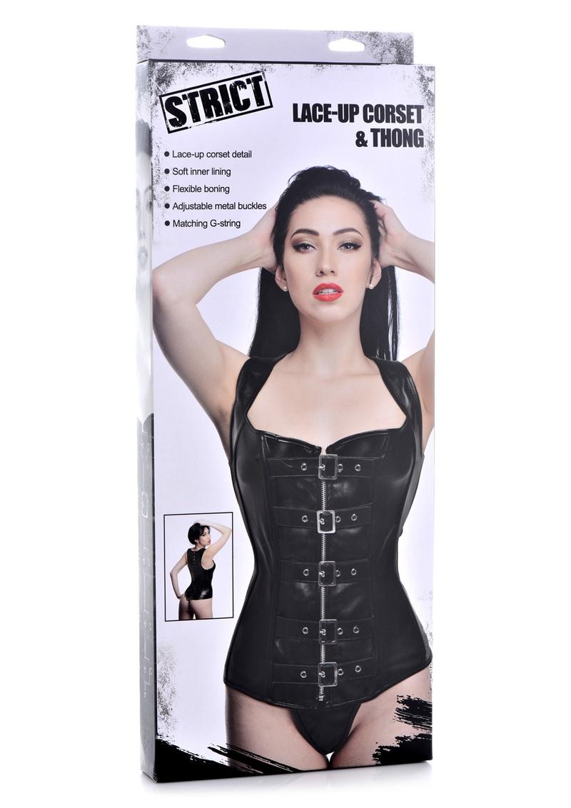 Strict Lace-Up Corset Vest and Thong - Black - XLarge