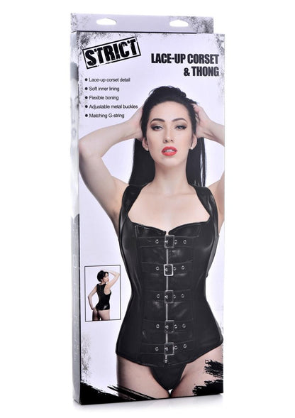 Strict Lace-Up Corset Vest and Thong - Black - XLarge