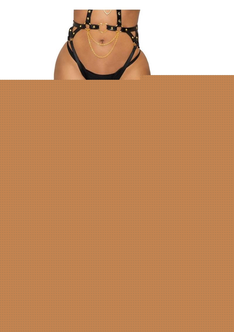 Vegan Leather Thigh High Bow Garter with Adjustable Straps and Heart Ring Accent - Black - One Size