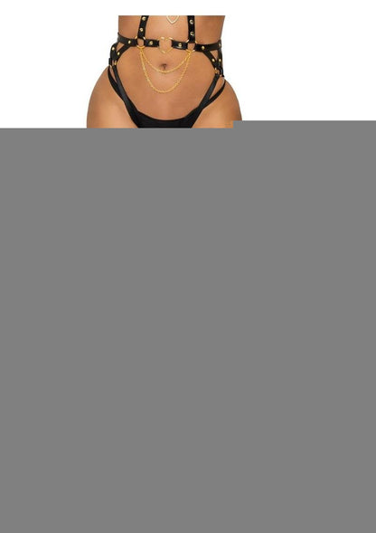 Vegan Leather Thigh High Bow Garter with Adjustable Straps and Heart Ring Accent - Black - One Size