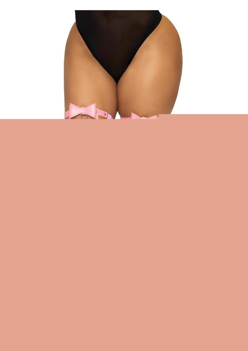 Vegan Leather Thigh High Bow Garter with Adjustable Straps and Heart Ring Accent - Pink - One Size