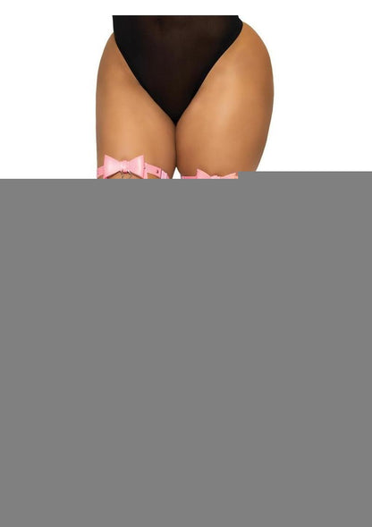 Vegan Leather Thigh High Bow Garter with Adjustable Straps and Heart Ring Accent - Pink - One Size