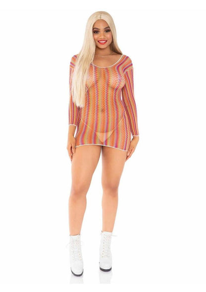 Zig Zag Rainbow Net Long Sleeve Mini Dress